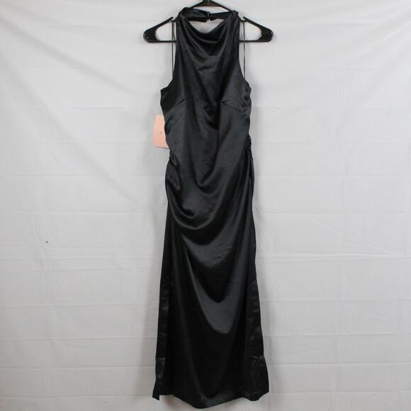 BHLDN Dress XL Holly Halter Stretch Satin Midi Black Slip Formal Party Wedding - Picture 5 of 14